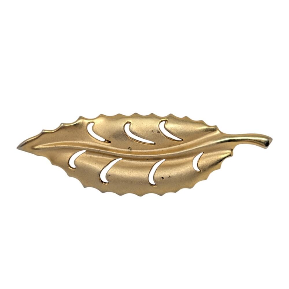 Vintage Gold Tone Leaf Brooch Mid Century Modern Botanical Pin